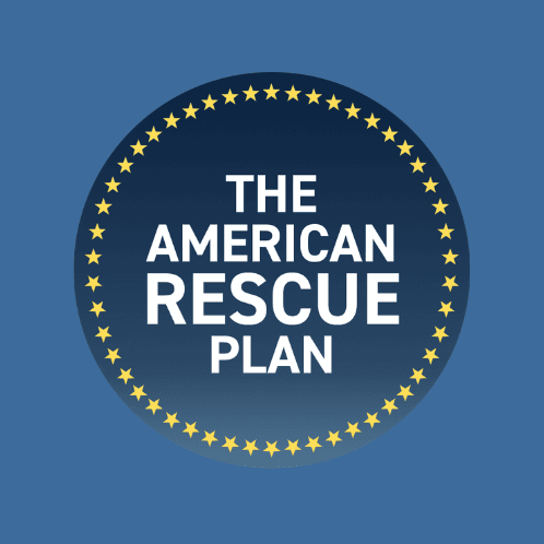 A circle of gold stars on a dark blue background frames the words American Rescue Plan