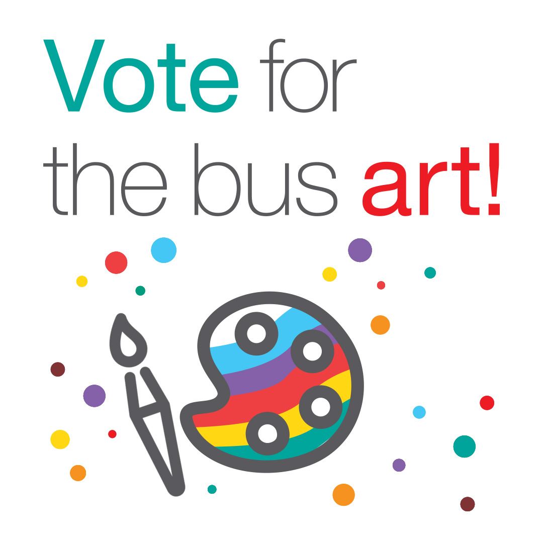 A colorful rainbow art palette and brush caricature with the words Vote for the bus art!