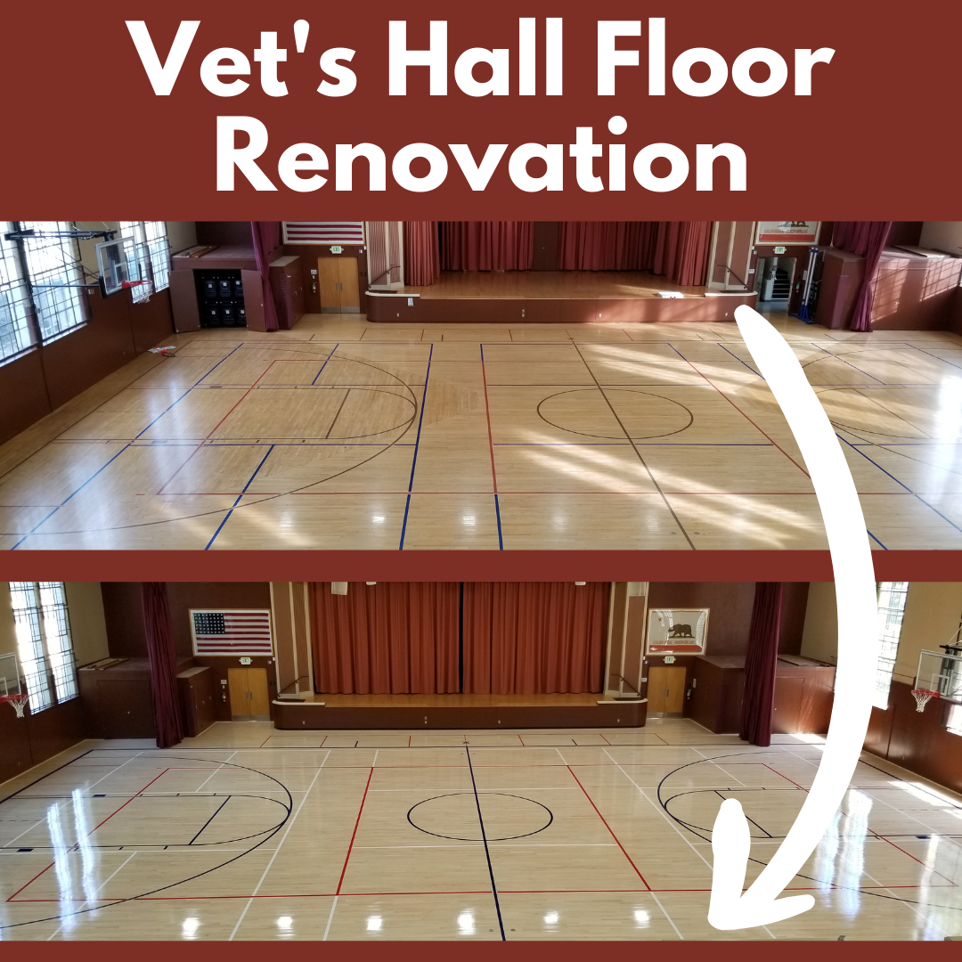 A before and after shot of the new maple hardwood floor at the Grass Valley Vet's Hall.