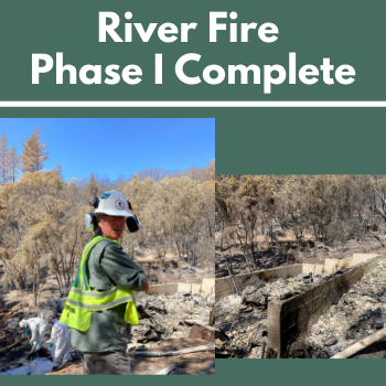 Staff member on site of burnt property for hazardous debris clean up, Phase I of River Fire. 