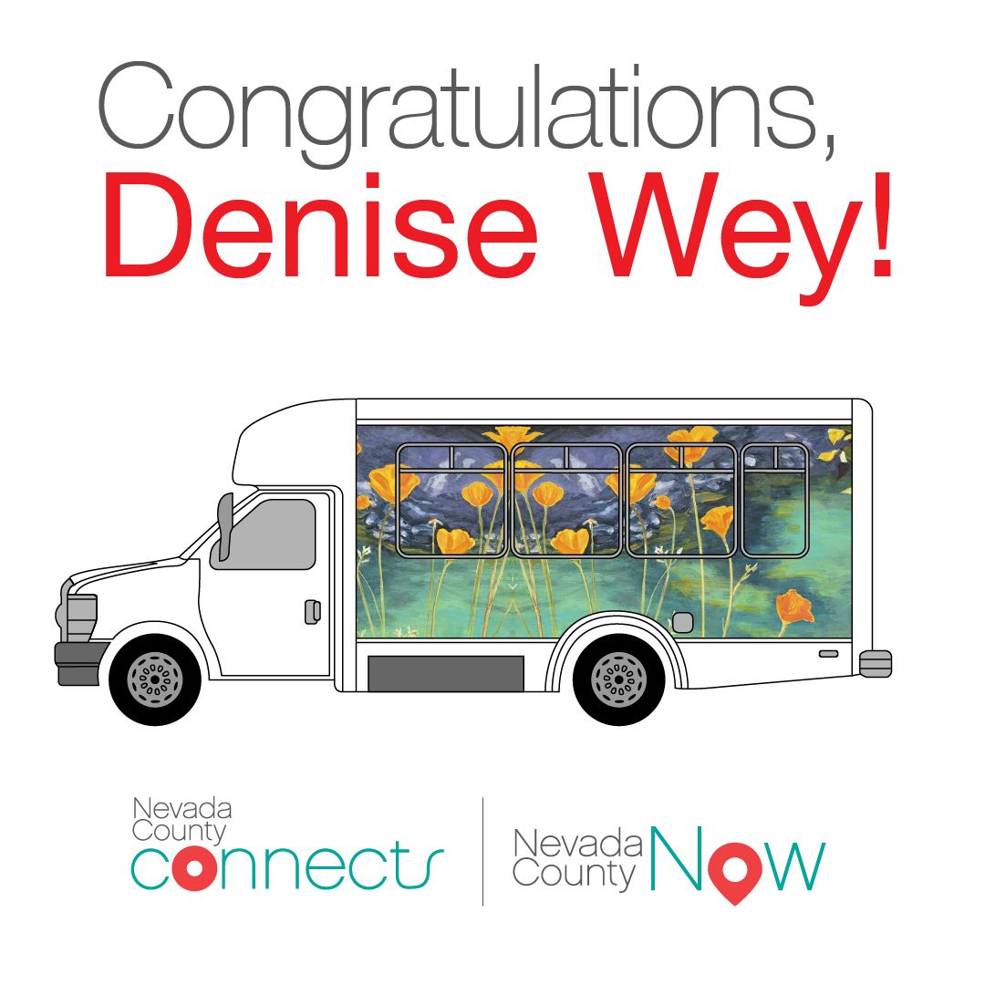Congratulatons Denise Wey! Art Bus Wrap Winner 2021, bus outline with wrap of poppies and river.