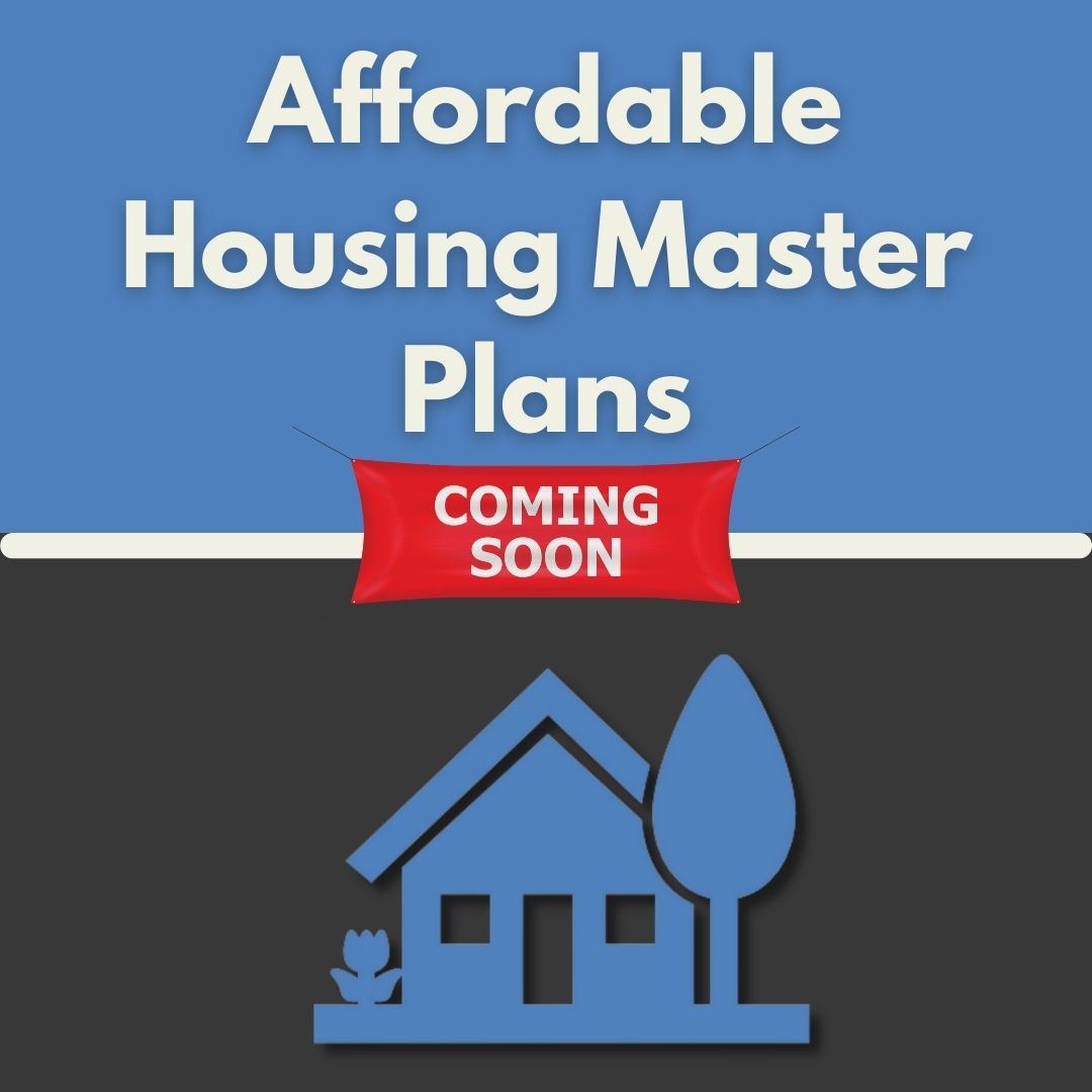 Affordable Housing Master Plans Coming Soon with graphic of small icon cottage house.