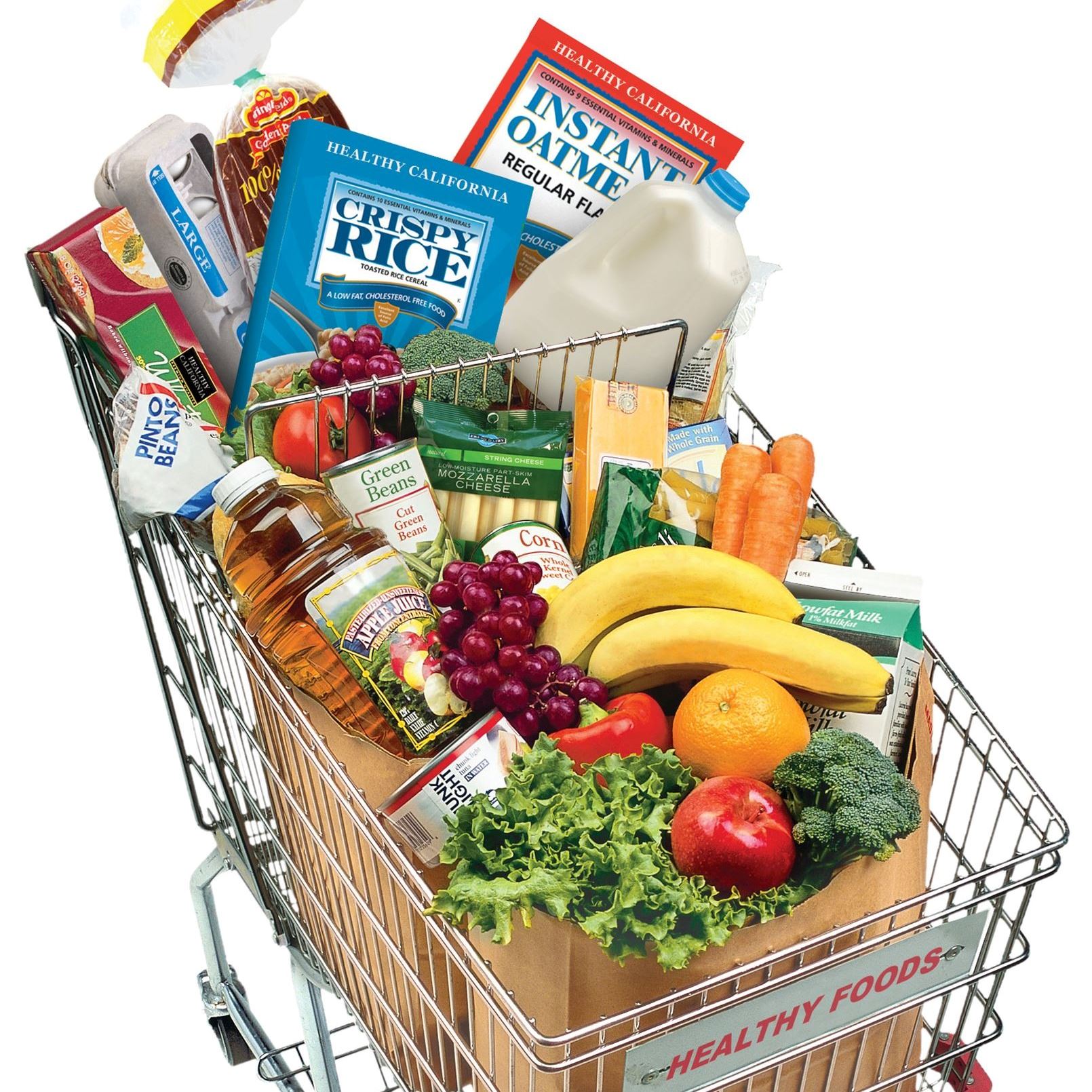 A grocery cart filled to the brim with fruits, vegetables, and other healthy foods.