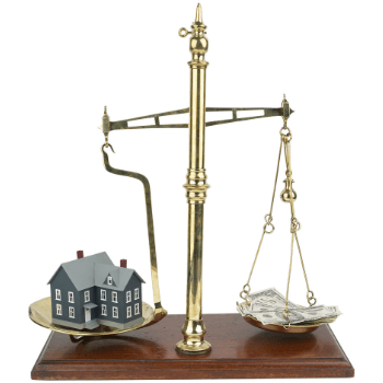A scale balances a model of a house on one side and a pile of cash on the other