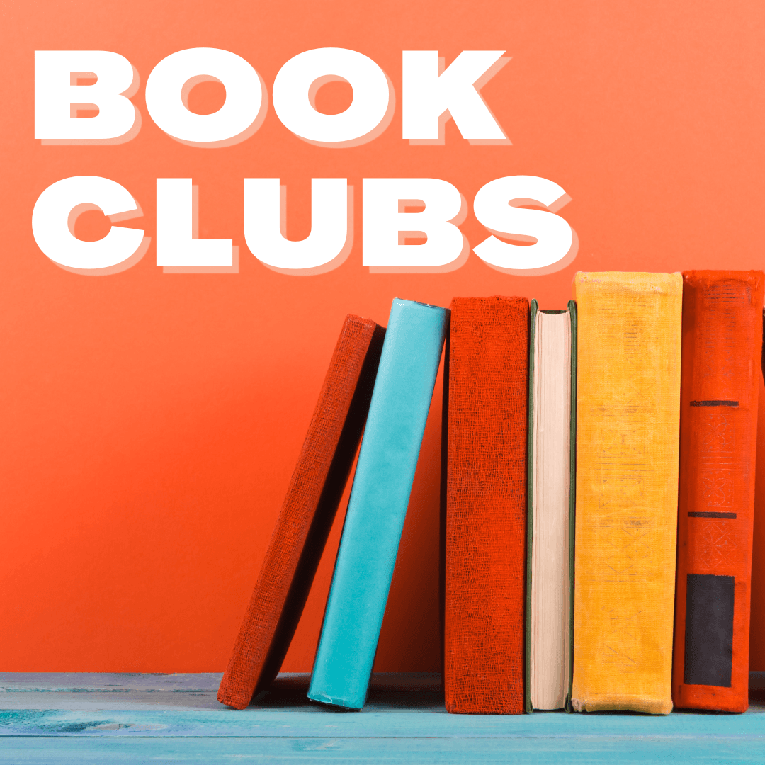 Book Clubs text in bold against orange background with brightly colored stack of books