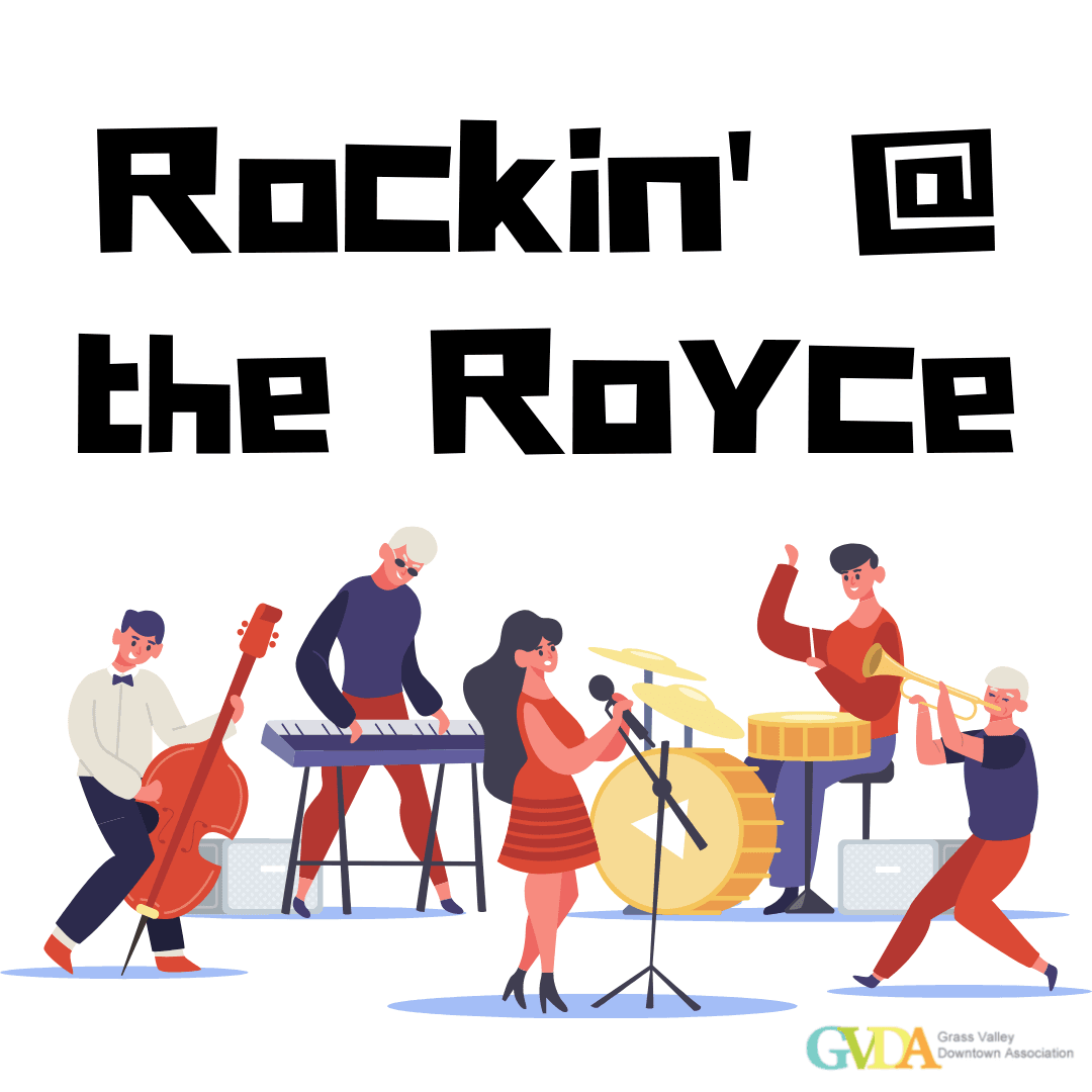 cartoon musicians playing in a band in front of white background with text Rockin at the Royce