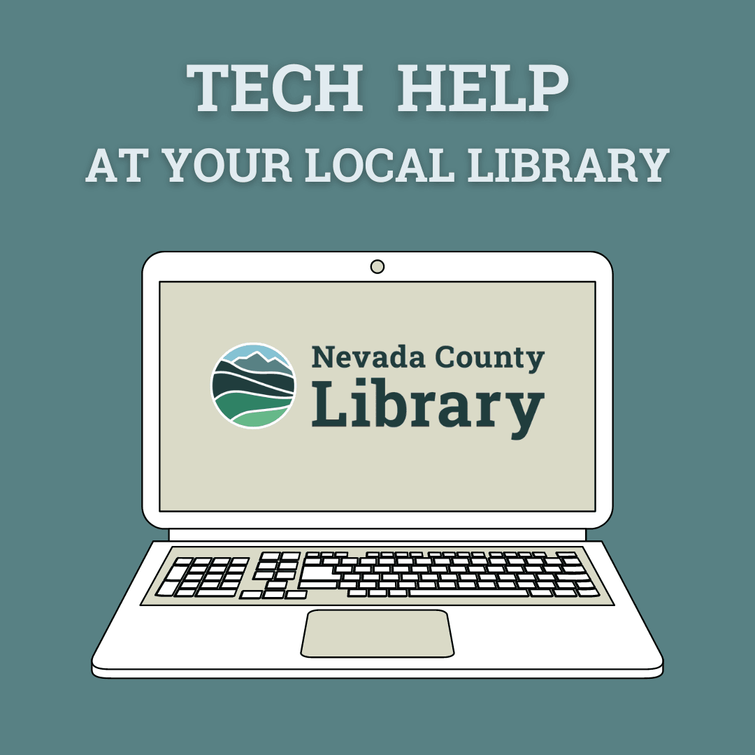 Tech Help at your local library, white text on emerald background with drawing of laptop in white