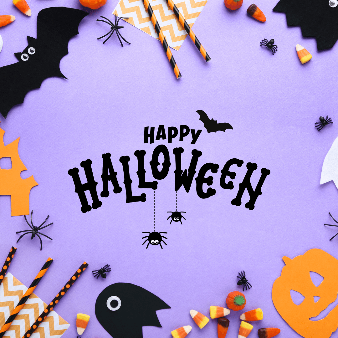 Purple and orange Halloween illustration with bats and spiders