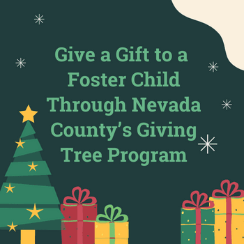 A holiday tree with presents. Test reads: Give a Gift to a Foster Child Through Giving Tree Program