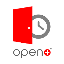 Open plus logo of red door and red text against white background