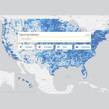 A map of the United States shows broadband availability in shades of blue