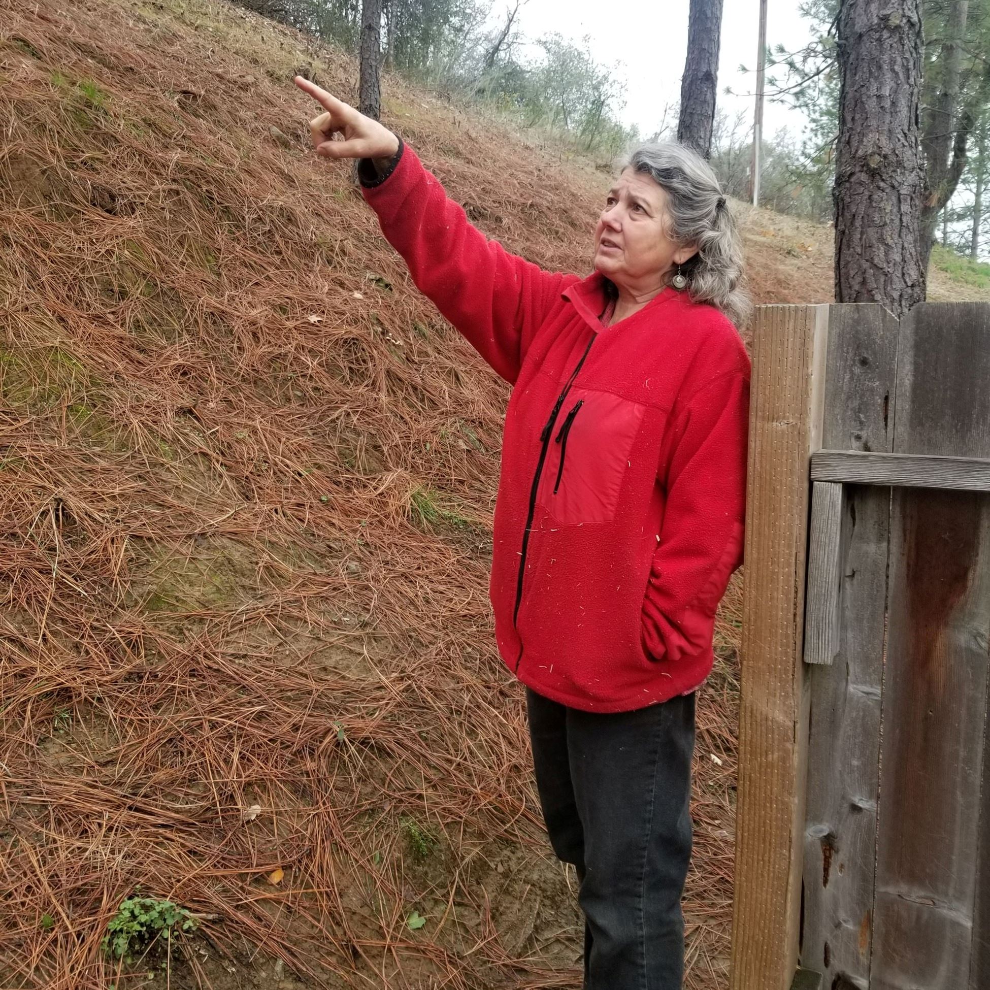 A person in a bright red coat stands on a hill covered in pine needles.