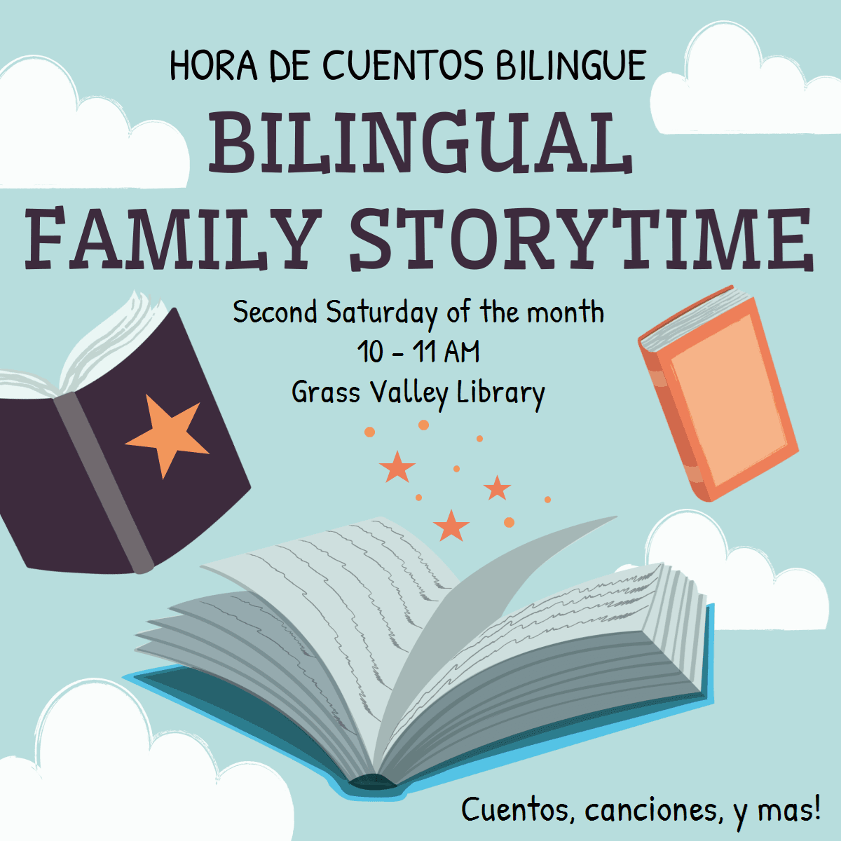 Blue sky with floating books and black text