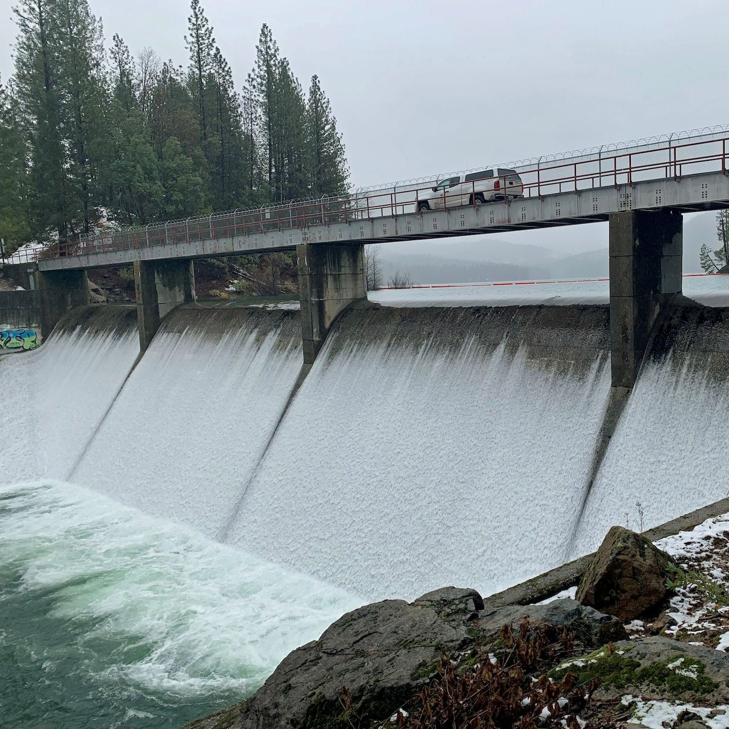 Scotts Flat spills during a storm on Jan. 13, 2023.