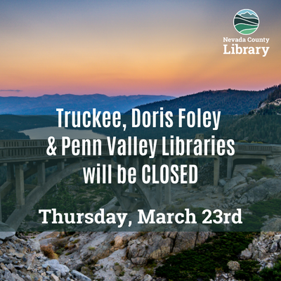 Photograph of donner pass sunset with white text in front of the image