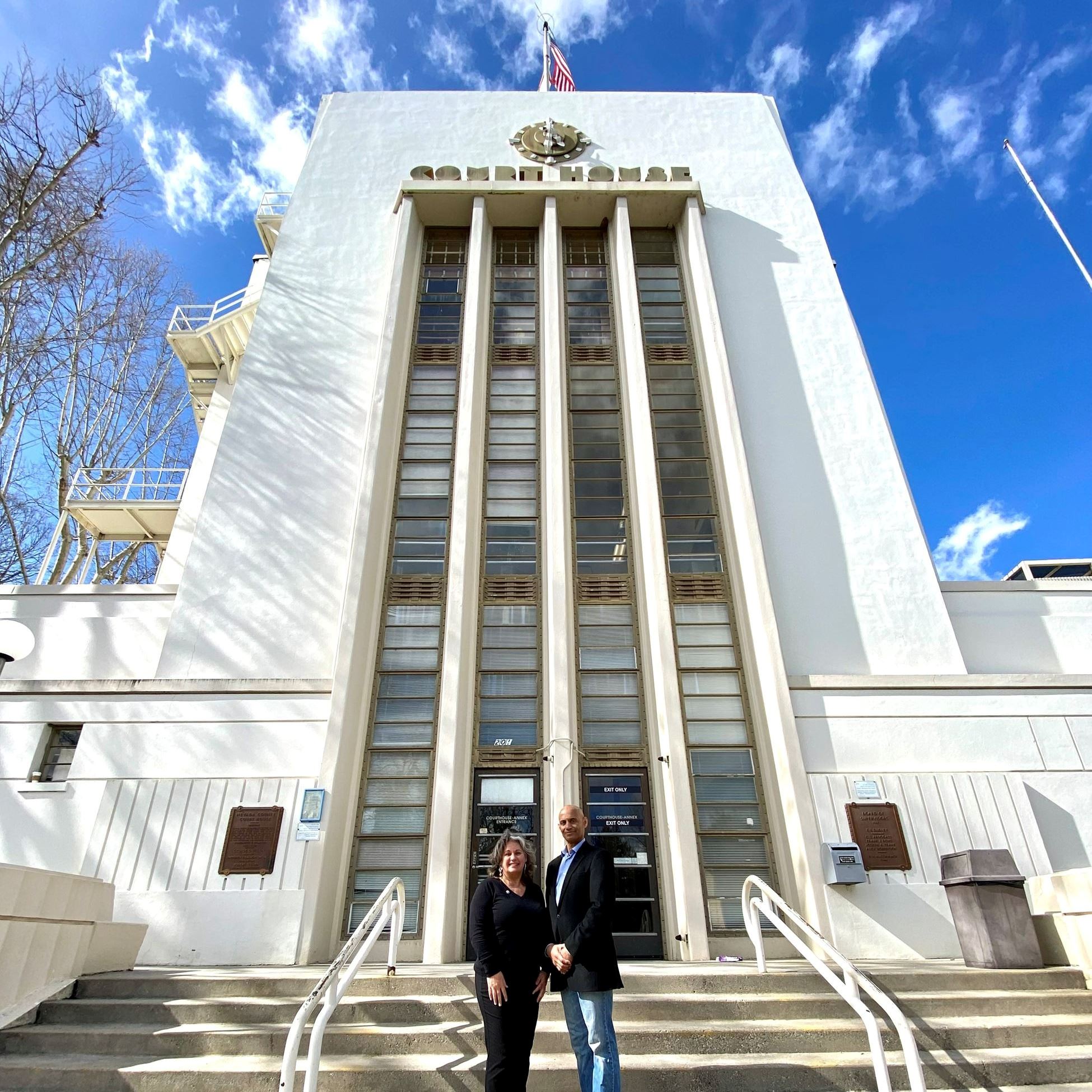 Supervisor Hall and Mayor Fleming in front of the Courthouse in Nevada City