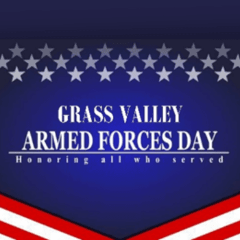 American Flag motif. Text reads Grass Valley Armed Forces Day