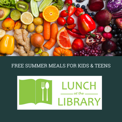 PIcture of healthy fruit and vegetables with green lunch at the library logo