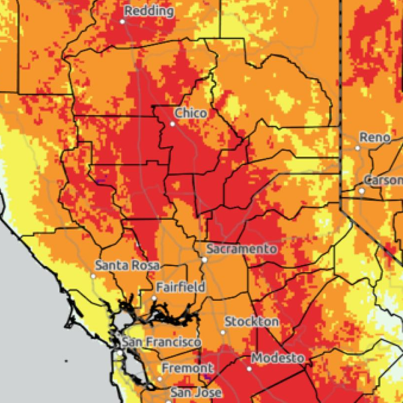 Map showing high heat levels in red across the valley and foothills over the weekend
