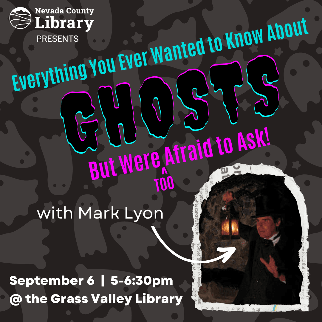 Teal and pink text with black ghost cartoon background and picture of guest presenter Mark Lyon