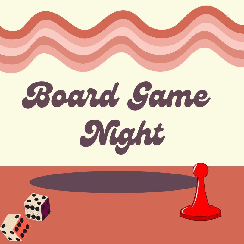 dusty pink tones of graphic design flyer with text and images of dice 