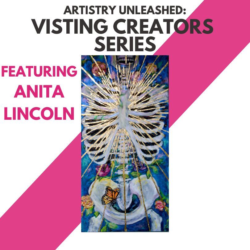 Flyer with painting of skeleton and bright pink graphic design