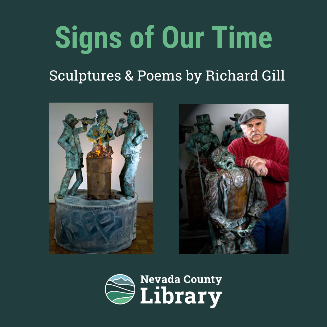 pictures of Richard Gill's copper sculptures with artist overlayed on dark green background