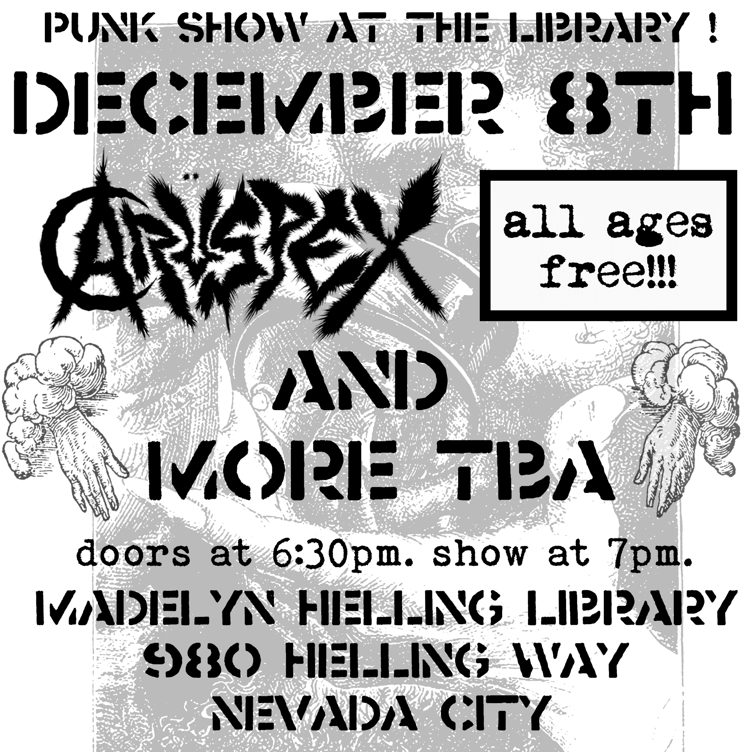 Flyer for punk show with black and white text 
