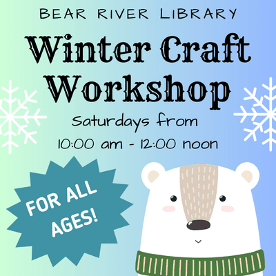 Cartoon polar bear in front of blue background with text 