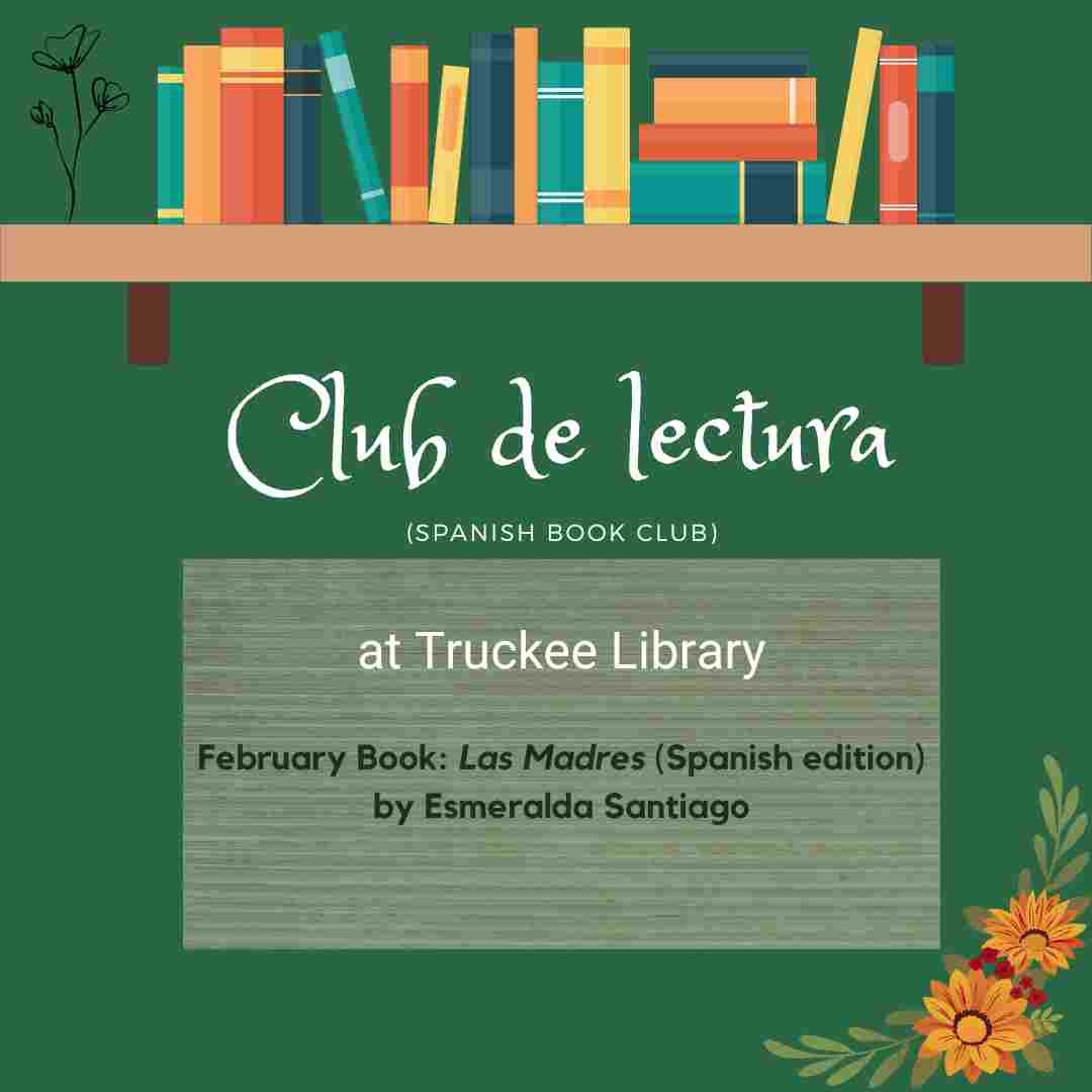 Square image with book shelf and books at top and a heading underneath that reads Club de Lectura.
