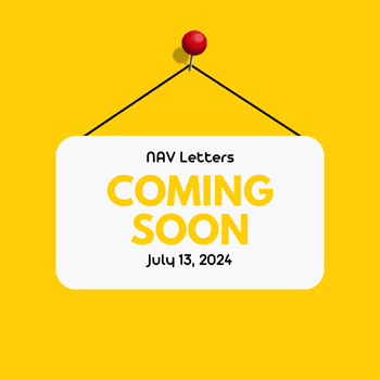 Yellow background with red thumbtack and white notice with NAV letters coming soon July 13, 2024