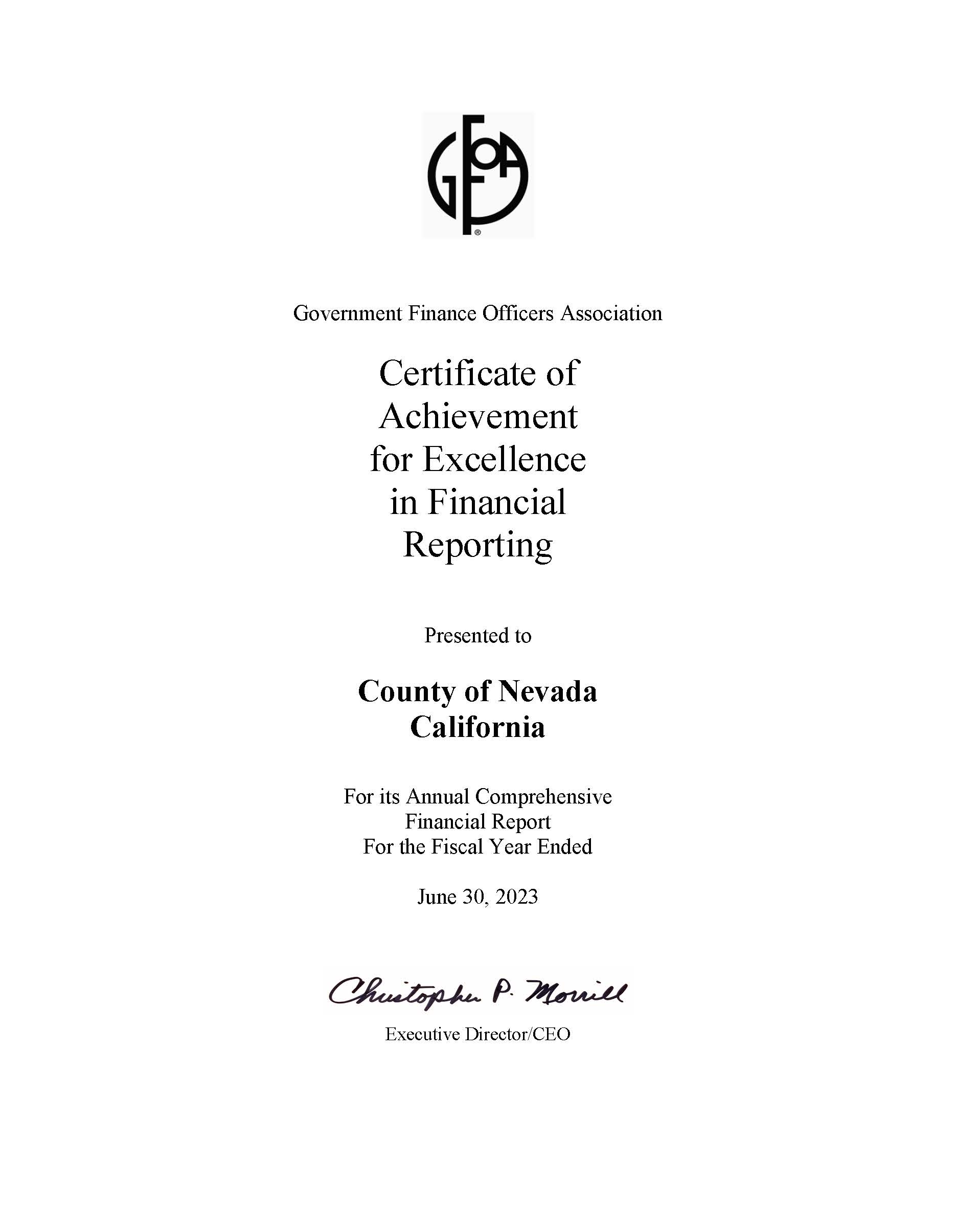 GFOA Award Certificate 2023