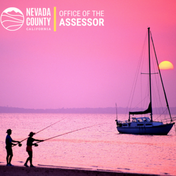 Office of the Assessor with a pink background with two people fishing and a boat on the water