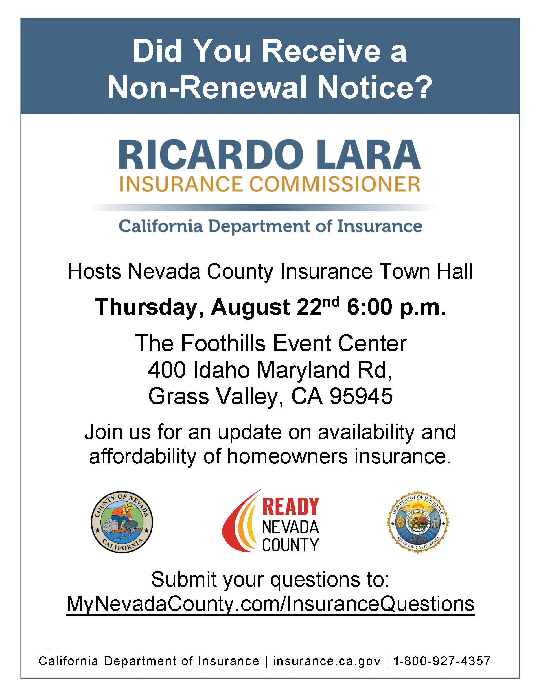 CEO Flyer - Nevada County to host Town Hall on Homeowner Insurance with California Insurance Commiss