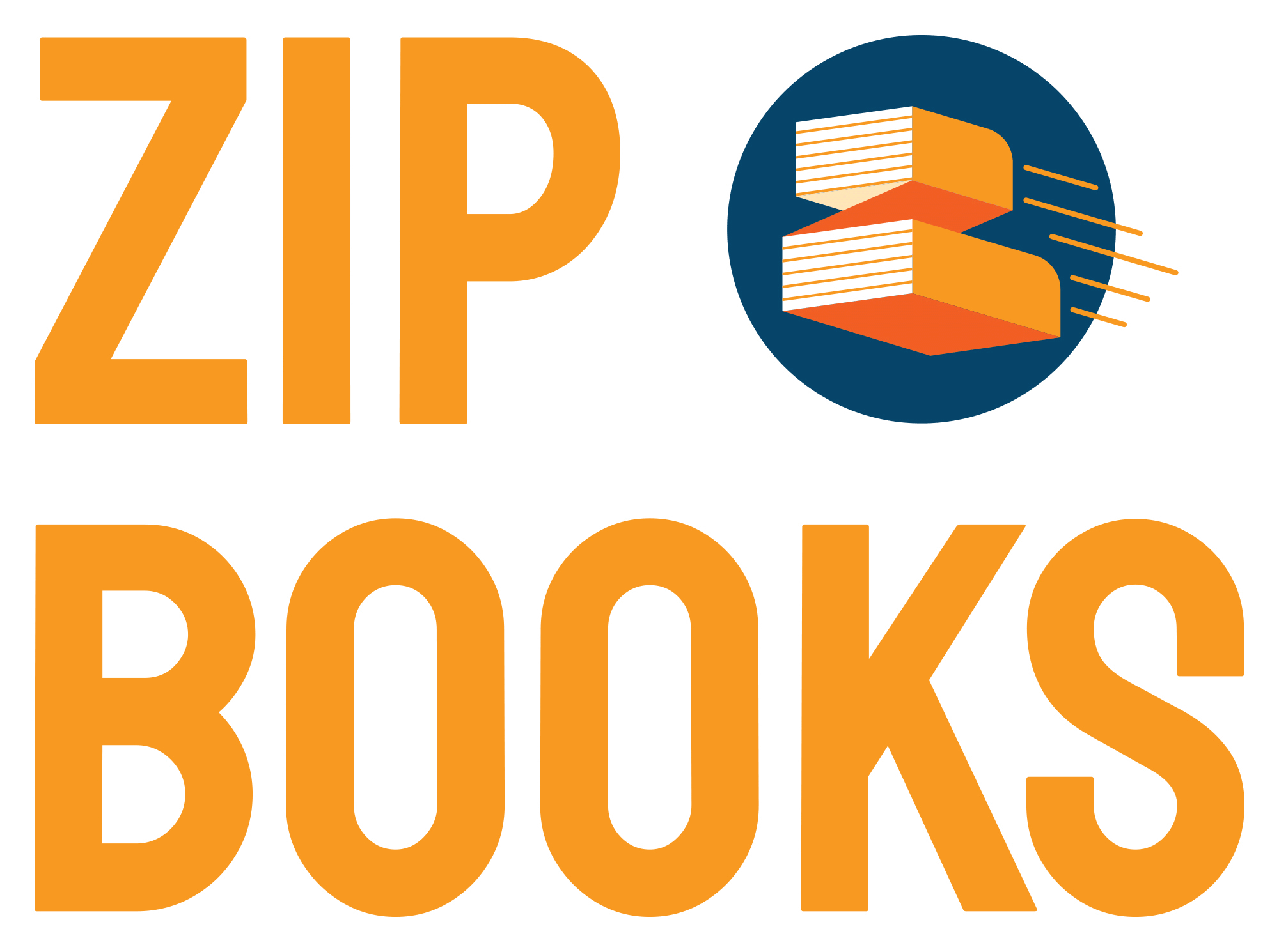 Zip Books logo with orange text and graphic of orange books in front of a dark blue circle