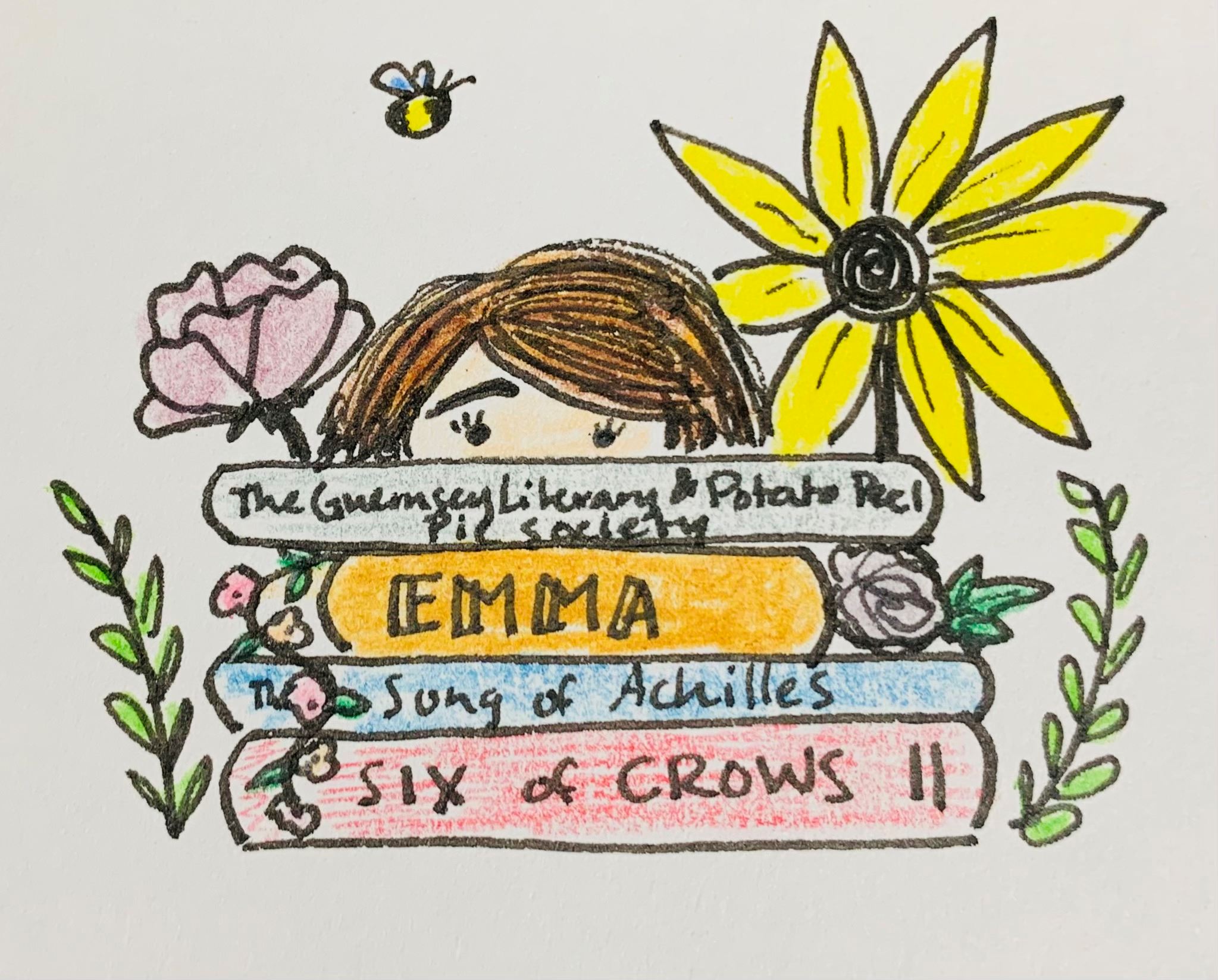 Hand-drawing of Brittany behind a stack of books with flowers 