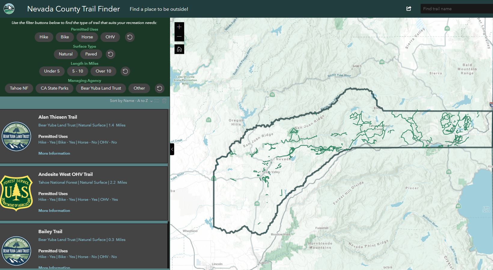Trail Finder Map - With information on various trail activities and logos for various agencies.