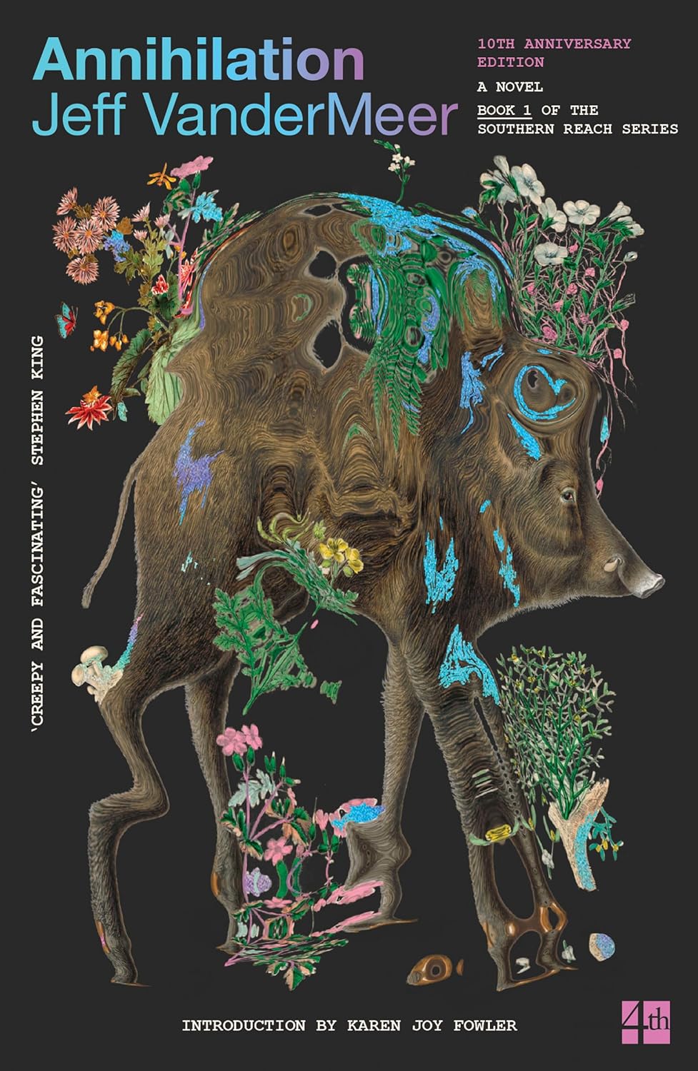 Annihilation book cover featuring surrealist art of flora and fauna with a black background