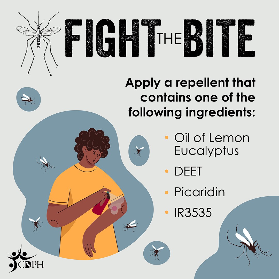 A person spraying insect repellent on themself. Fight the bite by using a repellant containing oil of lemon eucalyptus, DEET, Picaridin, or IR3535.
