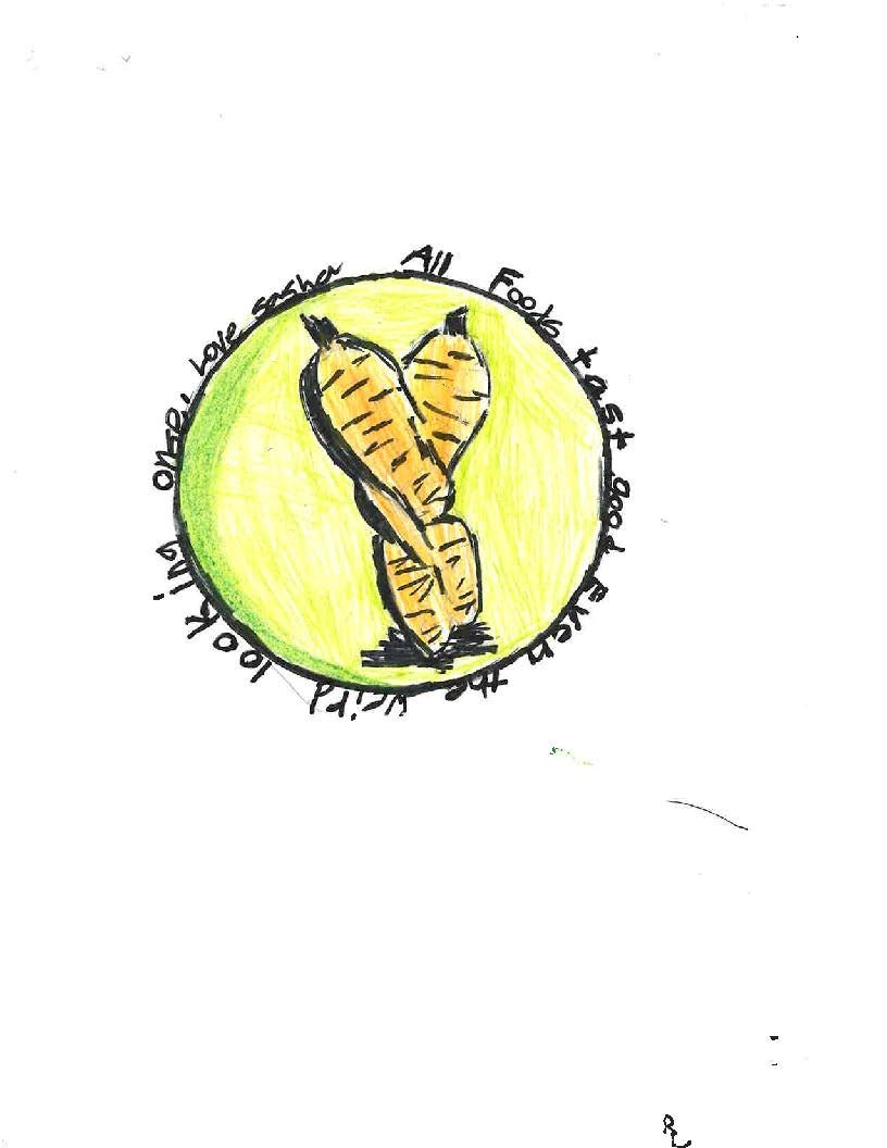 Student's artwork of ugly carrots with All foods taste good even the weird looking ones