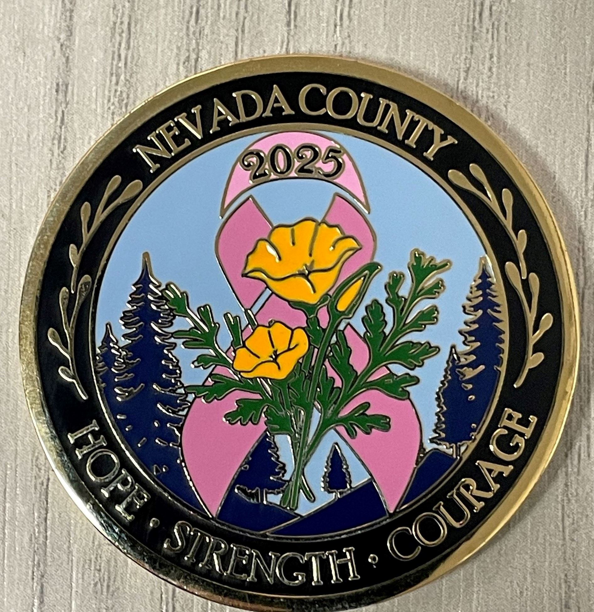 Front of the 2025 Pink Patch Challenge Coin, as designed by Sharyl Shelton of Penn Valley (contest w