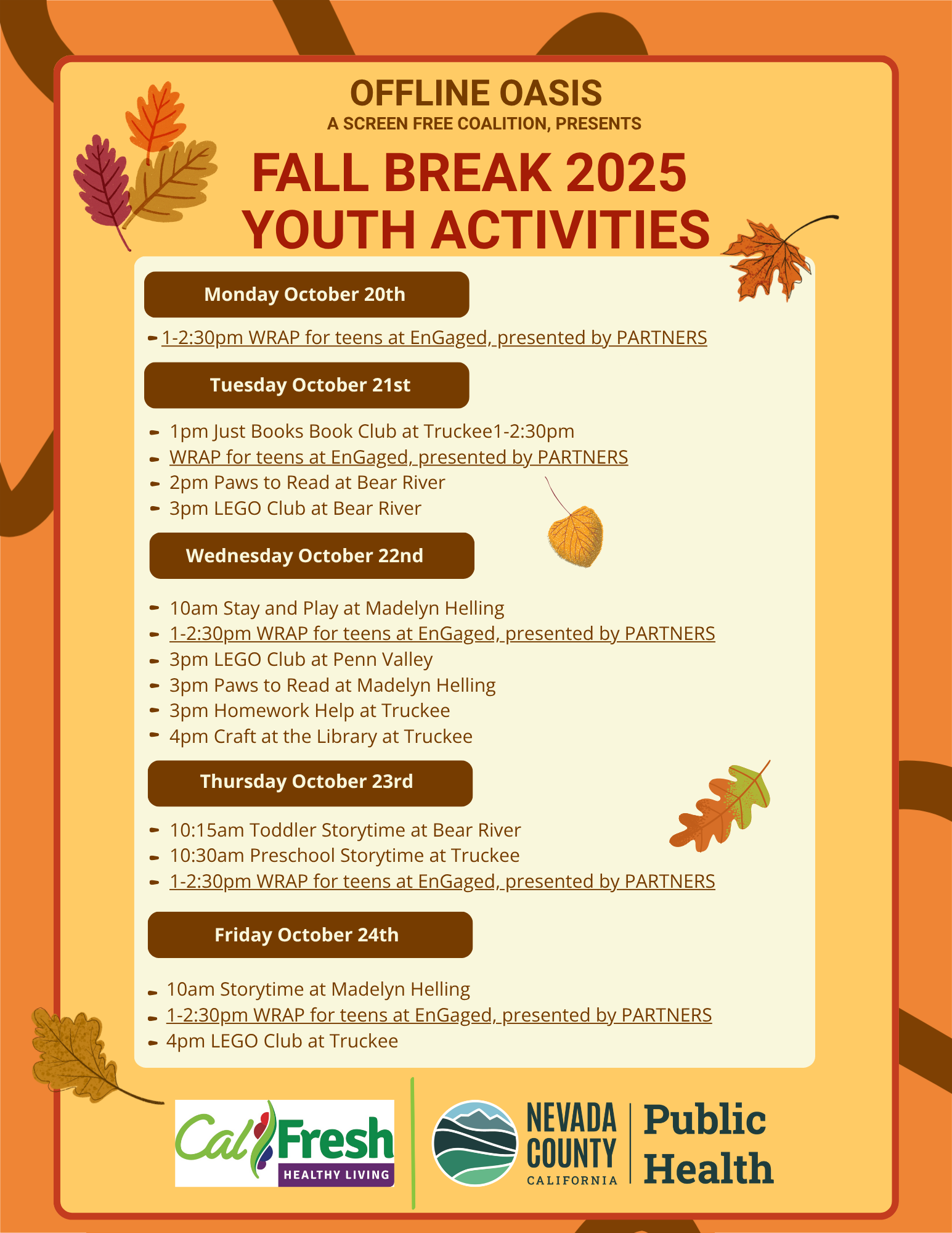 2025 Fall Break Calendar of Screen-Free Activities in SPANISH