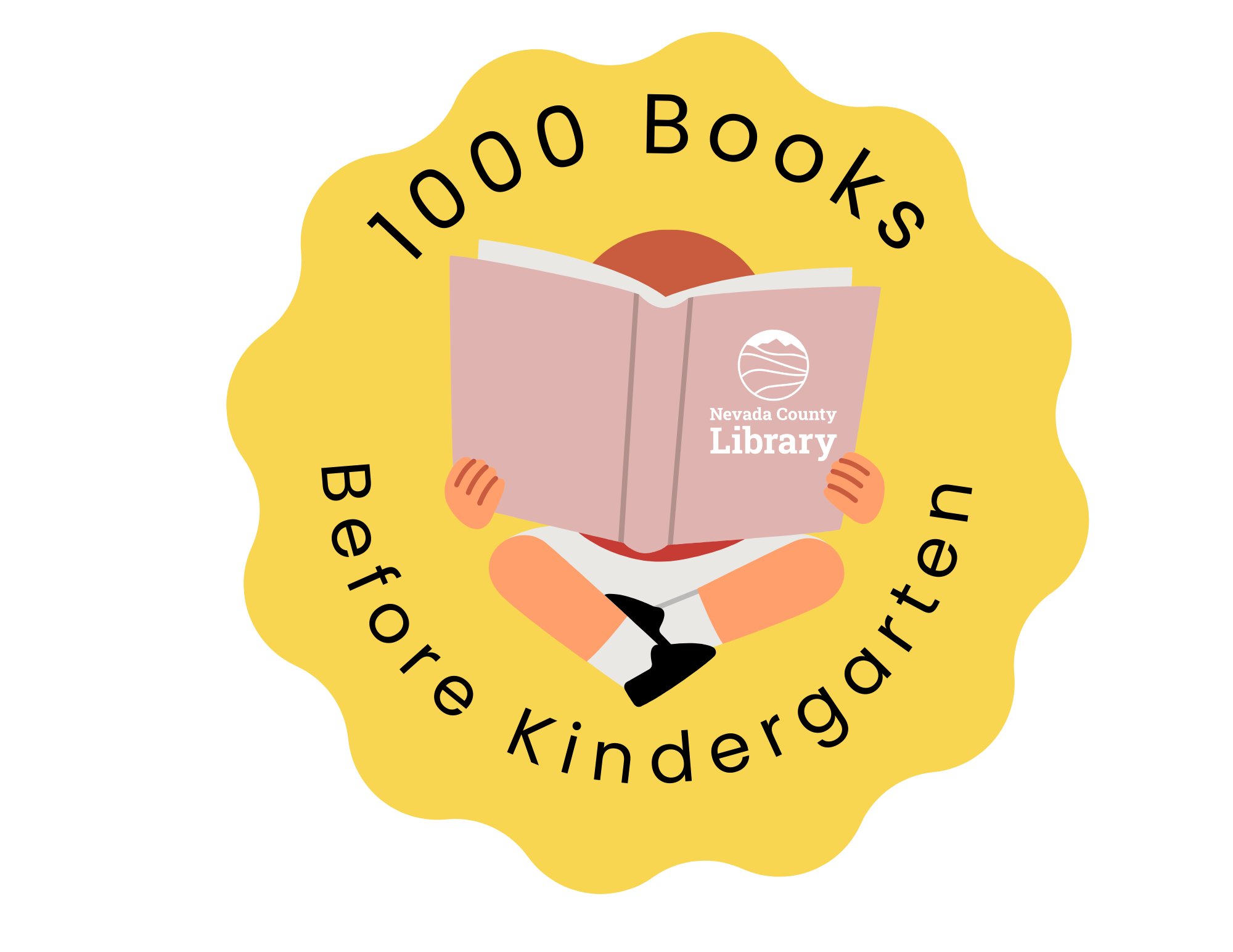 1000 books logo of an illustration of a child sitting and reading a book