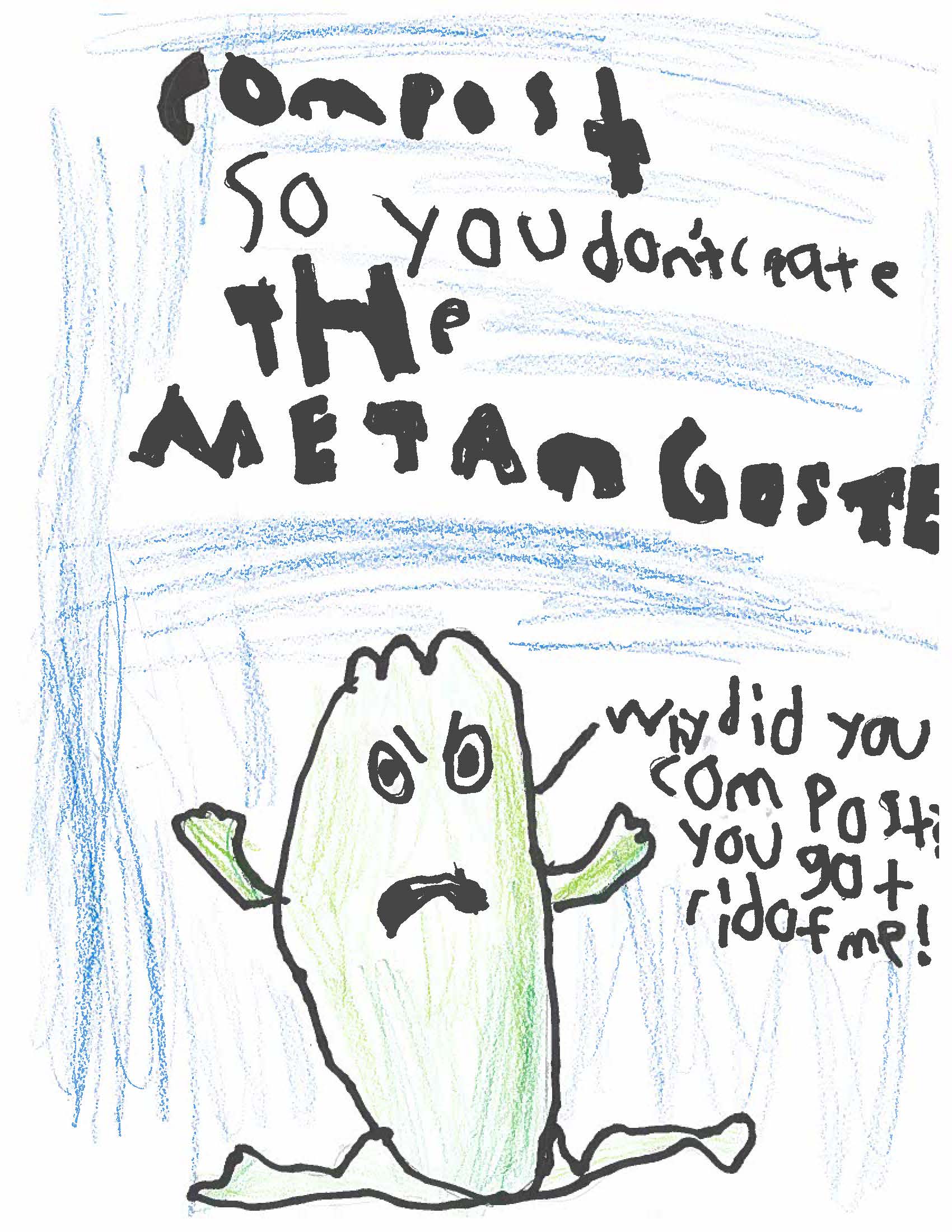 Drawing of methane ghost caricature with \"compost so you don't create the methane ghost\"