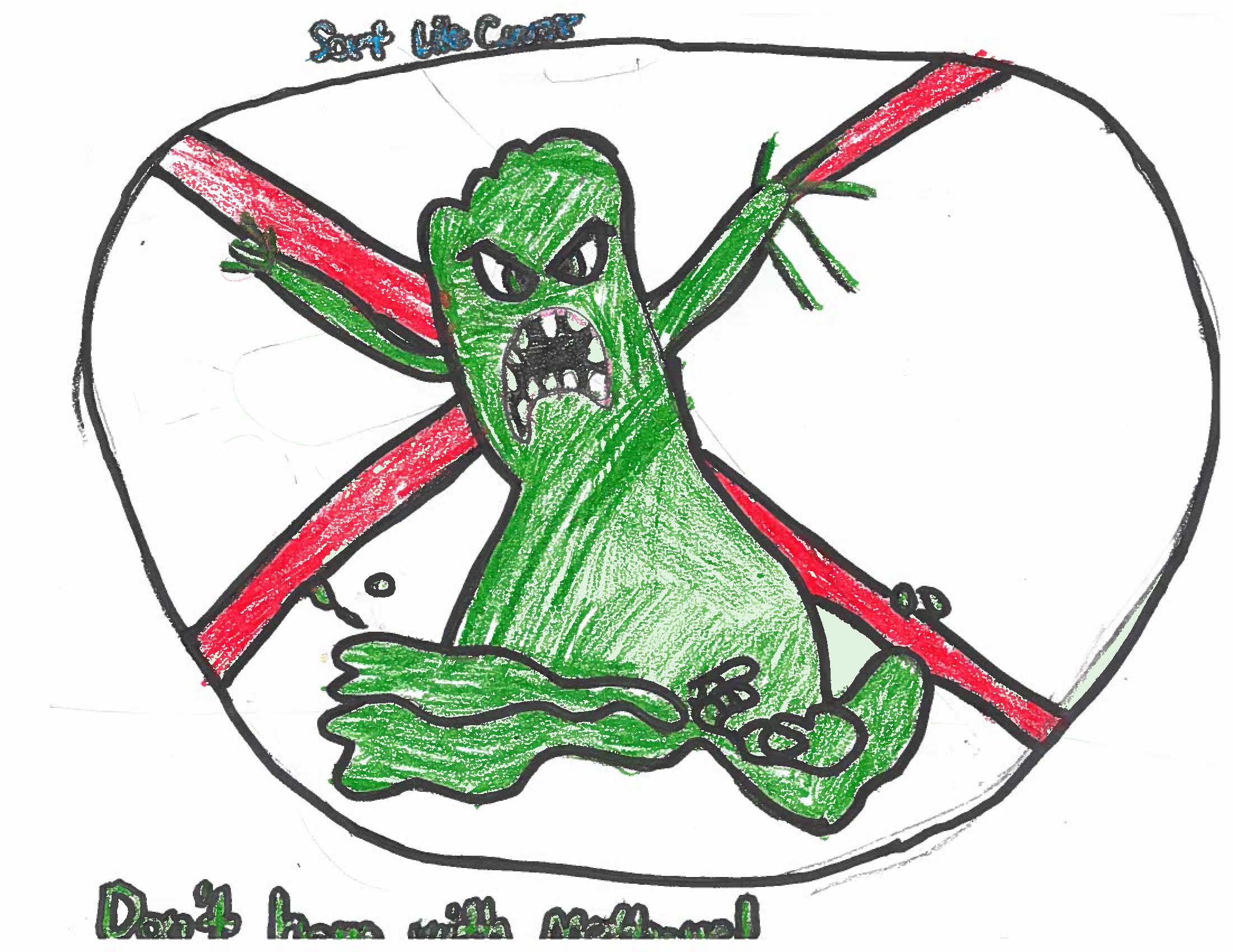 Drawing of methane caricature with circle and line thru. \"sort like crazy\" \"don't hang w