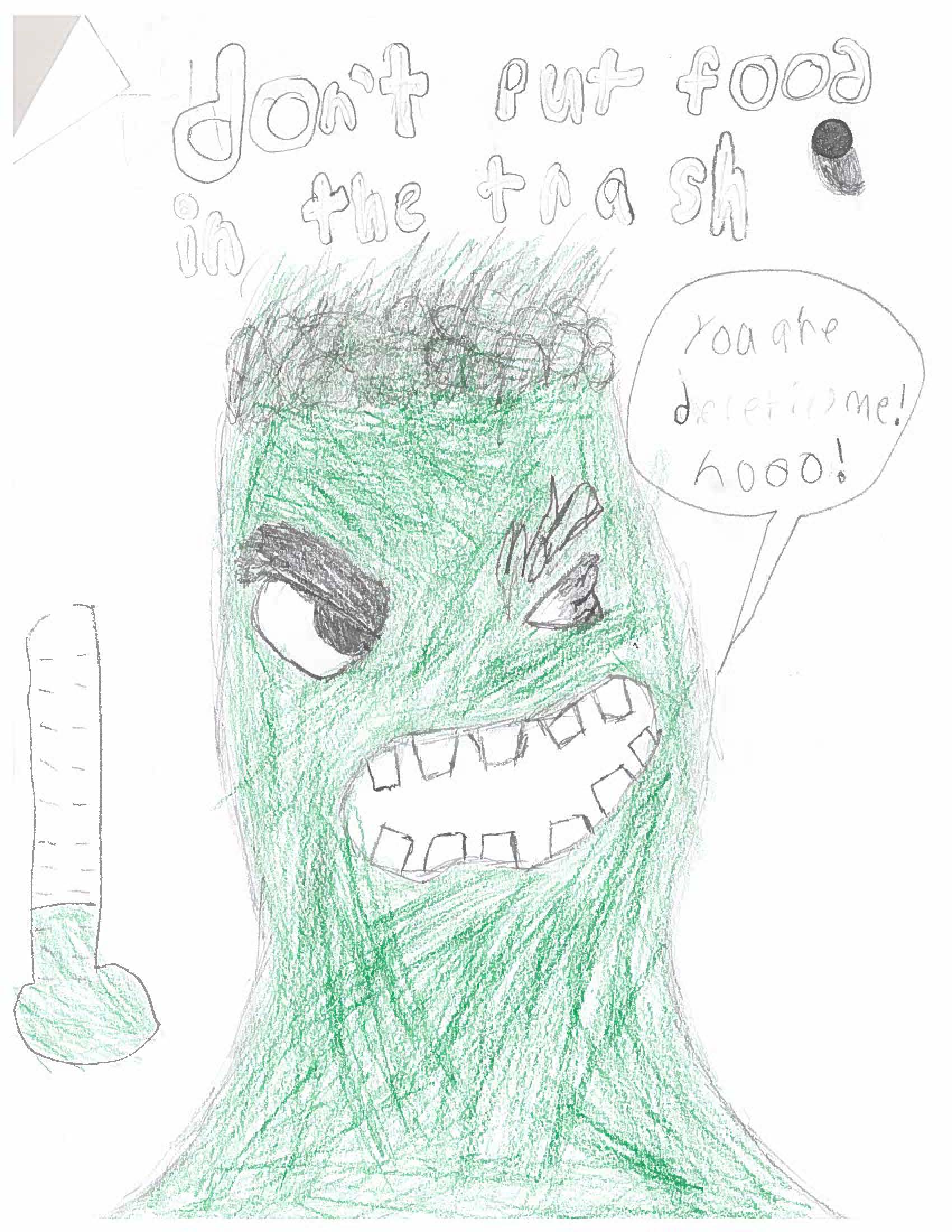 Drawing of methane caricature and \"don't put food in the trash\"