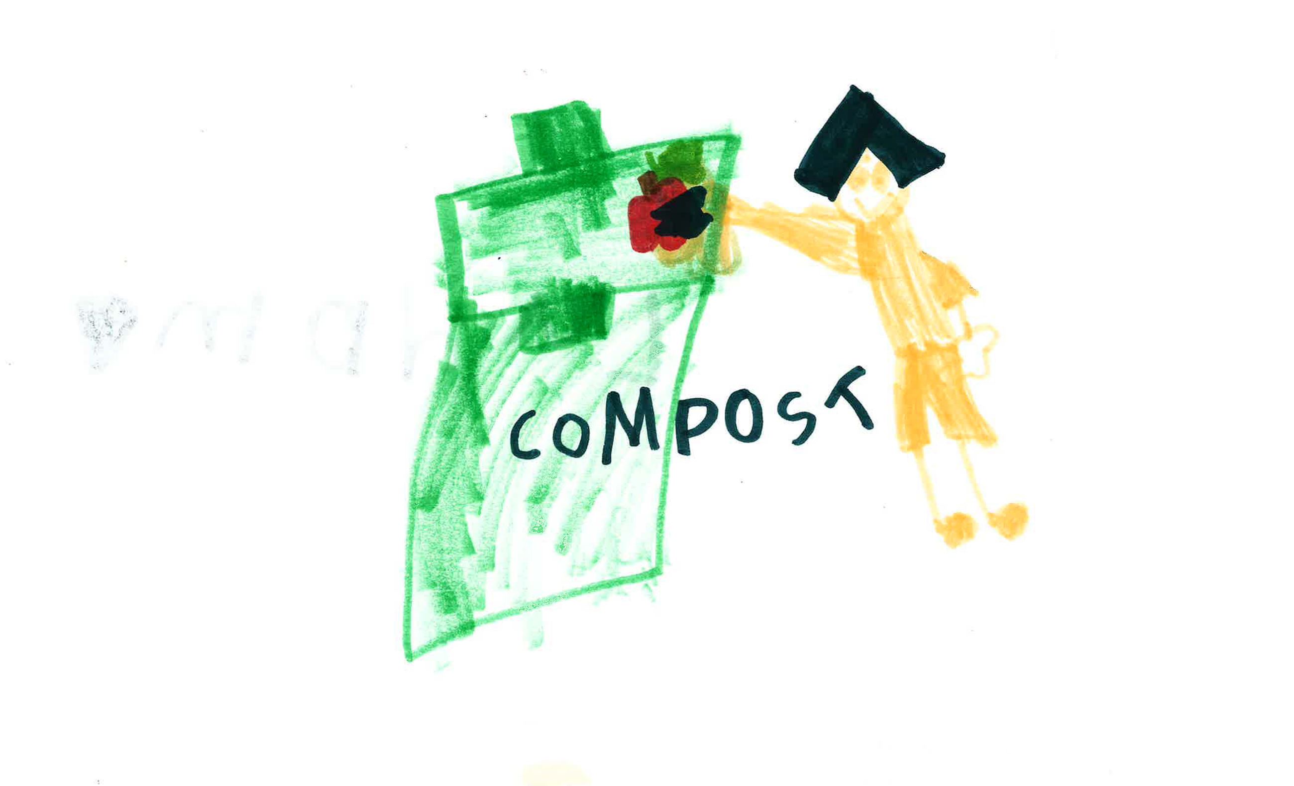 Drawing of person with three-cornered hat putting apple in the compost bin