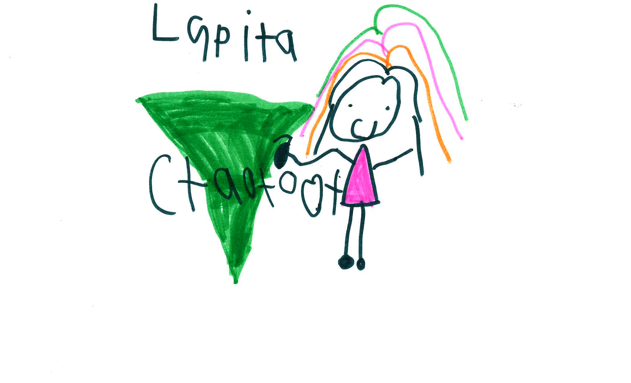 Drawing of person with colorful hair and compost bin