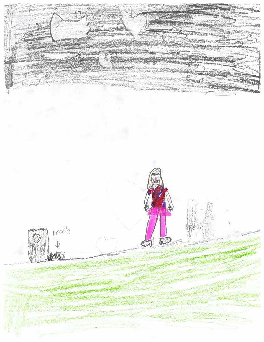 Drawing of person next to trash bin