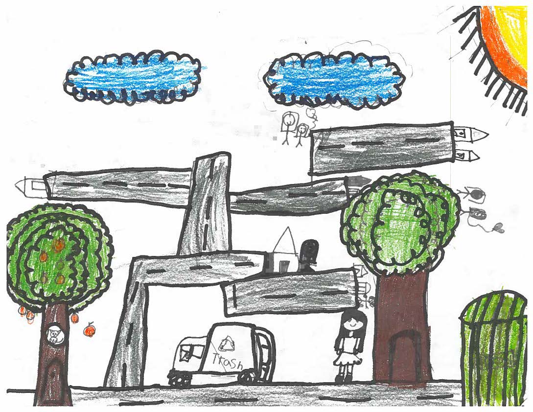 Drawing of trash truck in neighborhood with people and trees